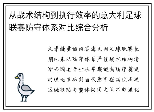 从战术结构到执行效率的意大利足球联赛防守体系对比综合分析
